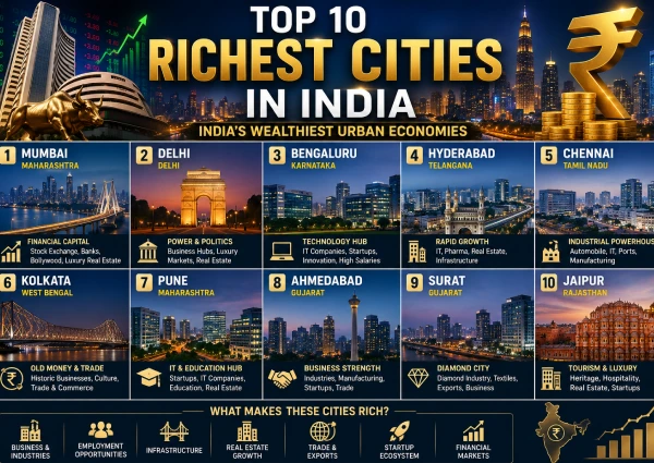Top richest cities in India with modern skylines, business districts, and luxury urban lifestyle
